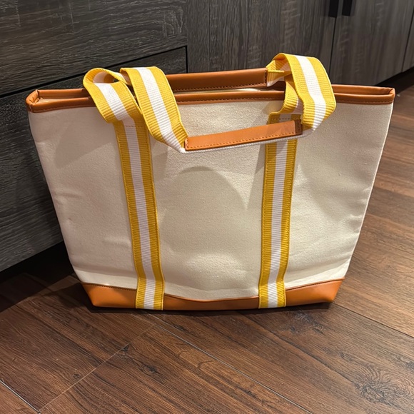 Handbags - Stylish Canvas Cream and Tan Tote Bag with striped yellow/ white straps NWOT